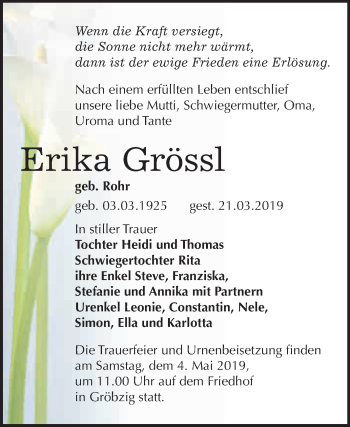 Traueranzeige von Erika Grössl von WVG - Wochenspiegel Dessau / Köthen