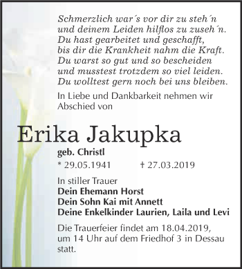 Traueranzeige von Erika Jakupka von WVG - Wochenspiegel Dessau / Köthen