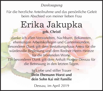 Traueranzeige von Erika Jakupka von WVG - Wochenspiegel Dessau / Köthen