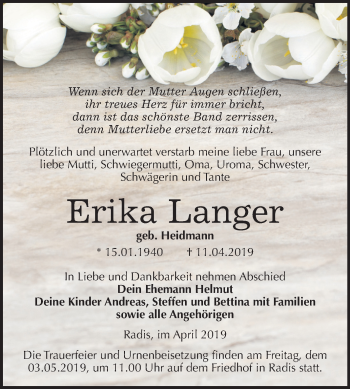 Traueranzeige von Erika Langer von Mitteldeutsche Zeitung Wittenberg