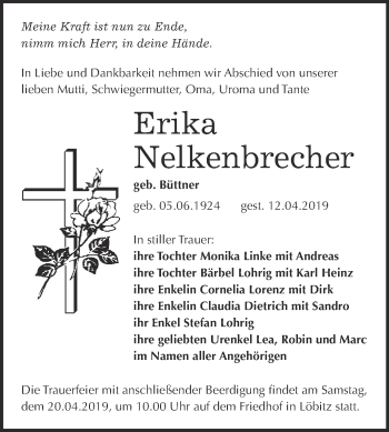 Traueranzeige von Erika Nelkenbrecher von WVG - Wochenspiegel NMB / WSF / ZTZ