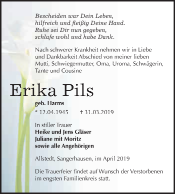 Traueranzeige von Erika Pils von Super Sonntag SGH Mansf. Land