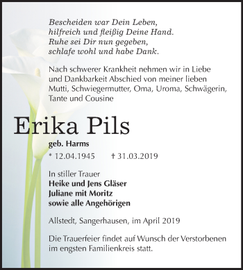 Traueranzeige von Erika Pils von Mitteldeutsche Zeitung Sangerhausen