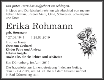 Traueranzeige von Erika Rohmann von Super Sonntag Merseburg