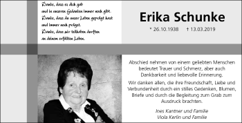 Traueranzeige von Erika Schunke von WVG - Wochenspiegel Bitterfeld