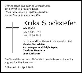 Traueranzeige von Erika Stocksiefen von Mitteldeutsche Zeitung Quedlinburg