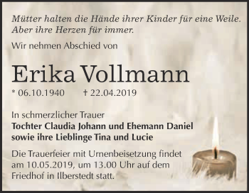 Traueranzeige von Erika Vollmann von Super Sonntag Bernburg