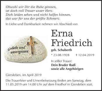 Traueranzeige von Erna Friedrich von Super Sonntag Aschersleben