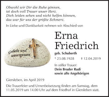 Traueranzeige von Erna Friedrich von Mitteldeutsche Zeitung Aschersleben