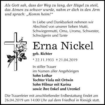 Traueranzeige von Erna Nickel von Mitteldeutsche Zeitung