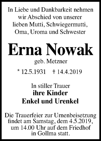 Traueranzeige von Erna Nowak von Mitteldeutsche Zeitung Halle/Saalkreis