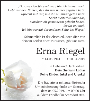 Traueranzeige von Erna Riegel von Mitteldeutsche Zeitung Köthen