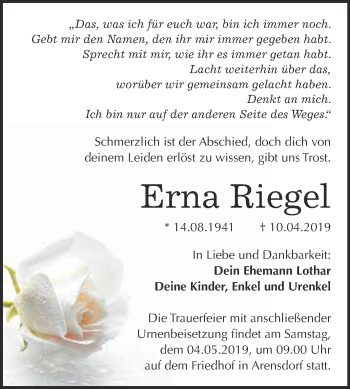 Traueranzeige von Erna Riegel von WVG - Wochenspiegel Dessau / Köthen