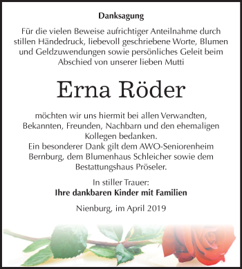 Traueranzeige von Erna Röder von Mitteldeutsche Zeitung Bernburg