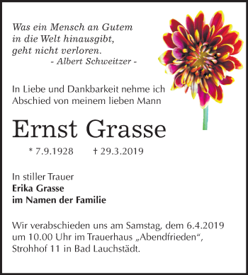 Traueranzeige von Ernst Grasse von Mitteldeutsche Zeitung Merseburg/Querfurt