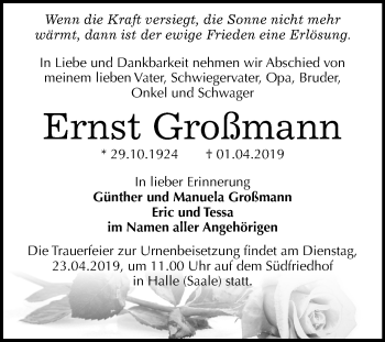 Traueranzeige von Ernst Großmann von Mitteldeutsche Zeitung Halle/Saalkreis