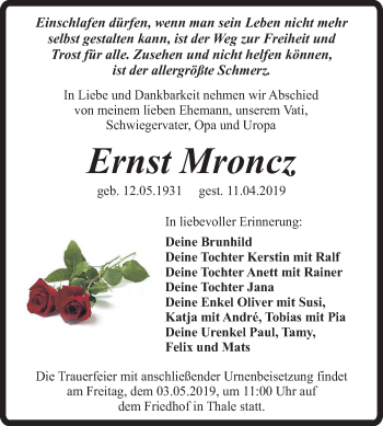 Traueranzeige von Ernst Mroncz von Mitteldeutsche Zeitung Quedlinburg