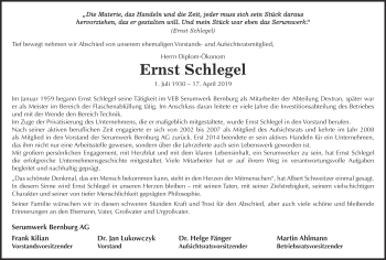 Traueranzeige von Ernst Schlegel von Super Sonntag Bernburg