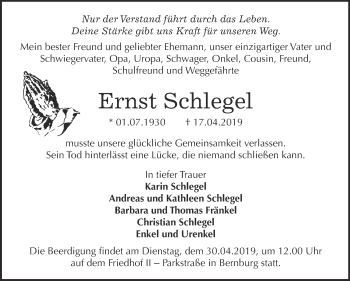 Traueranzeige von Ernst Schlegel von Super Sonntag Bernburg