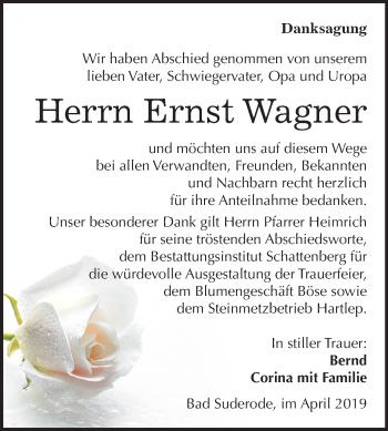 Traueranzeige von Ernst Wagner von Mitteldeutsche Zeitung Quedlinburg