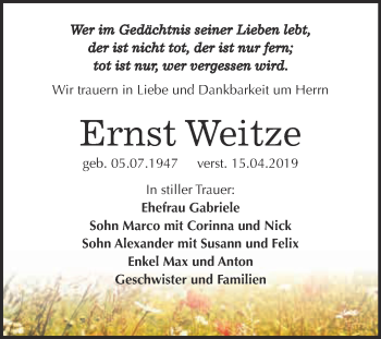 Traueranzeige von Ernst Weitze von WVG - Wochenspiegel NMB / WSF / ZTZ