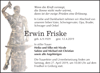 Traueranzeige von Erwin Friske von Mitteldeutsche Zeitung Köthen