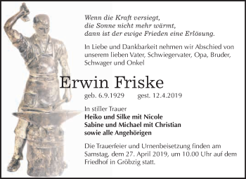 Traueranzeige von Erwin Friske von WVG - Wochenspiegel Dessau / Köthen