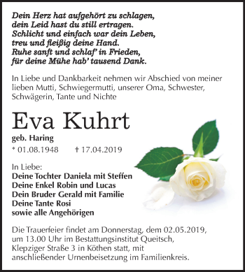 Traueranzeige von Eva Kuhrt von Mitteldeutsche Zeitung