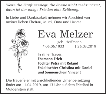 Traueranzeige von Eva Melzer von WVG - Wochenspiegel Bitterfeld
