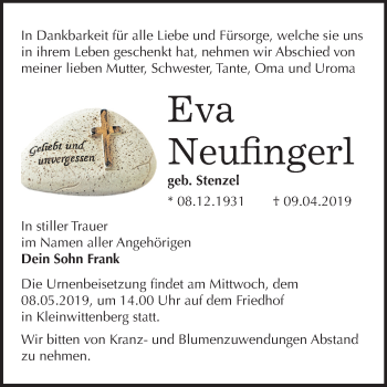 Traueranzeige von Eva Neufingerl von Mitteldeutsche Zeitung Wittenberg