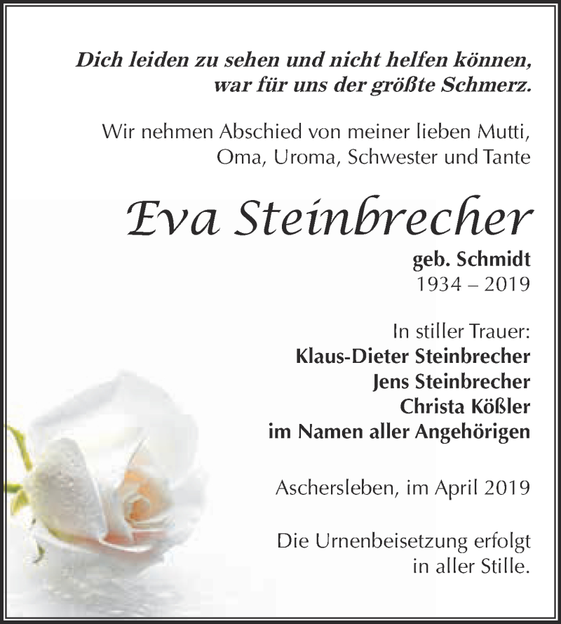 Traueranzeige für Eva Steinbrecher vom 08.04.2019 aus Super Sonntag Aschersleben