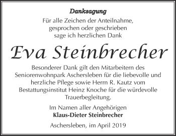 Traueranzeige von Eva Steinbrecher von Super Sonntag Aschersleben