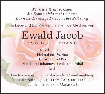 Traueranzeige von Ewald Jacob von WVG - Wochenspiegel Dessau / Köthen