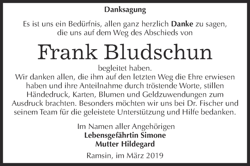  Traueranzeige für Frank Bludschun vom 01.04.2019 aus WVG - Wochenspiegel Bitterfeld