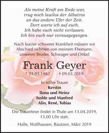 Traueranzeige von Frank Geyer von WVG - Wochenspiegel SGH