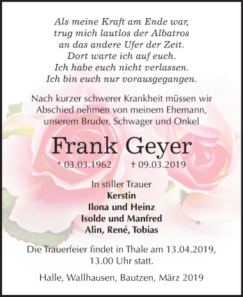 Traueranzeige von Frank Geyer von Mitteldeutsche Zeitung Sangerhausen
