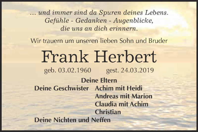  Traueranzeige für Frank Herbert vom 01.04.2019 aus Super Sonntag Wittenberg