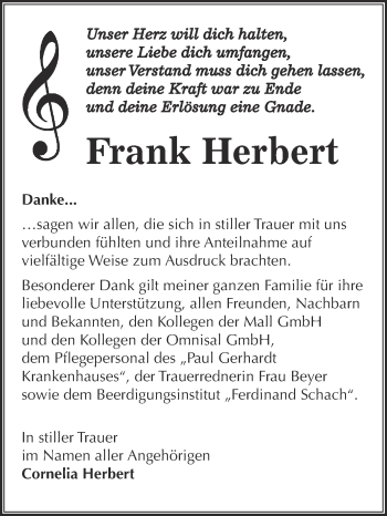 Traueranzeige von Frank Herbert von WVG - Wochenspiegel Wittenberg