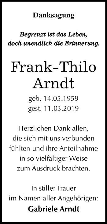 Traueranzeige von Frank-Thilo Arndt von Mitteldeutsche Zeitung