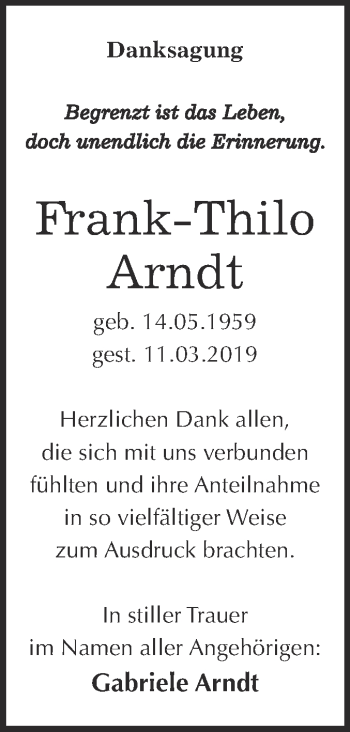 Traueranzeige von Frank-Thilo Arndt von WVG - Wochenspiegel Wittenberg