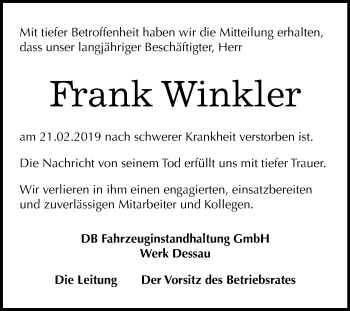 Traueranzeige von Frank Winkler von Mitteldeutsche Zeitung Dessau-Roßlau