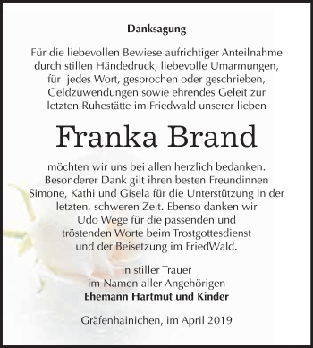 Traueranzeige von Franka Brand von WVG - Wochenspiegel Wittenberg