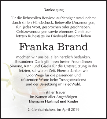 Traueranzeige von Franka Brand von Mitteldeutsche Zeitung Wittenberg