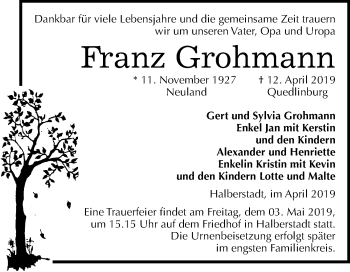 Traueranzeige von Franz Grohmann von Mitteldeutsche Zeitung Quedlinburg