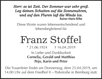 Traueranzeige von Franz Stoffel von Super Sonntag Bernburg
