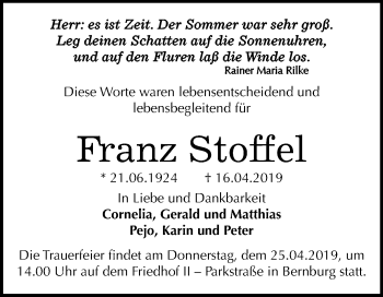 Traueranzeige von Franz Stoffel von Mitteldeutsche Zeitung Bernburg