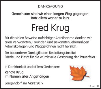 Traueranzeige von Fred Krug von WVG - Wochenspiegel NMB / WSF / ZTZ