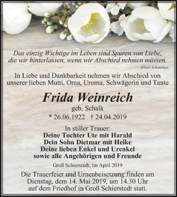 Traueranzeige von Frida Weinreich von Mitteldeutsche Zeitung