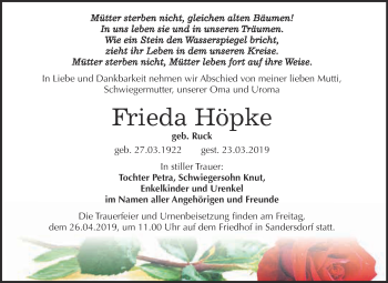 Traueranzeige von Frieda Höpke von WVG - Wochenspiegel Bitterfeld