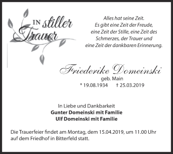 Traueranzeige von Friederike Domeinski von WVG - Wochenspiegel Bitterfeld
